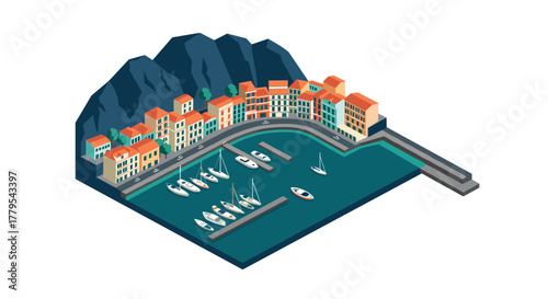 Coastal harbor town with boats and colorful buildings in isometric view