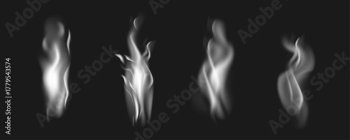 White smoke steam vapor collection on dark background. Realistic foggy mist effect set for design overlay transparent element. Vector illustration.