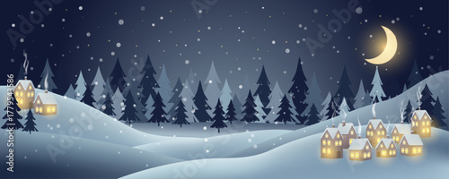 Winter wonderland landscape illustration at night. Snowy hills, pine forest, glowing cozy houses, falling snow, and bright crescent moon. Vector illustration.
