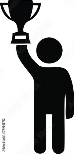 Person holding trophy icon representing victory and success on black background
