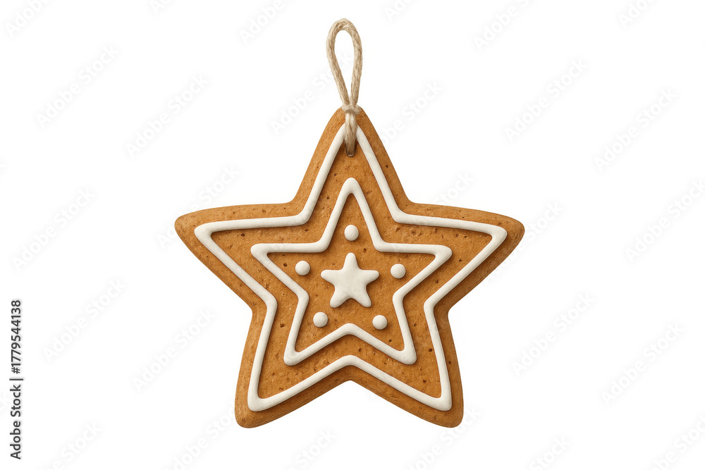 Fototapeta premium Gingerbread star cookie hanging as a christmas ornament with white icing decoration on transparent background