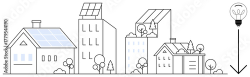 Residential and commercial buildings with rooftop solar panels, trees, and green spaces connected to an energy-efficient lightbulb. Ideal for sustainability, clean energy, eco-friendly living, green