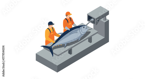 Workers processing tuna on industrial machine in isometric style