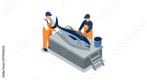 Fish processors handling large tuna on table with bucket in isometric style