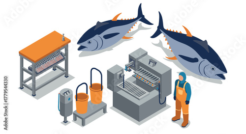 Isometric tuna processing setup with industrial machines and worker in protective gear