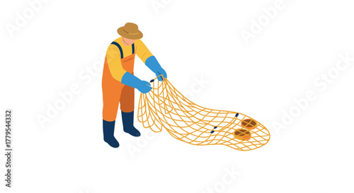 Fisherman in isometric style holding a fishing net with catch in work attire