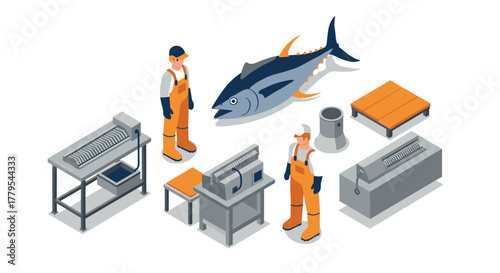Isometric fish processing scene with workers and equipment