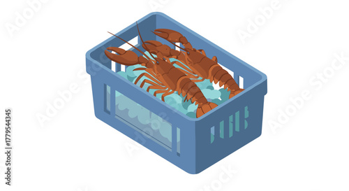 Fresh lobsters in blue crate on ice in isometric style