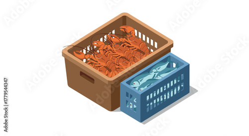 Isometric seafood baskets with lobsters and fish on white background