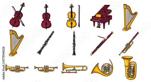 Orchestra instruments line up for a concert, perfect for music education or performance
