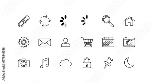 Modern website icons for user interface design, simple and intuitive symbols, thin line style