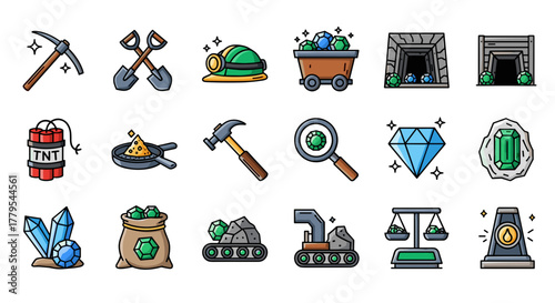 Mining equipment and precious gems, vector graphic for prospecting or industrial design