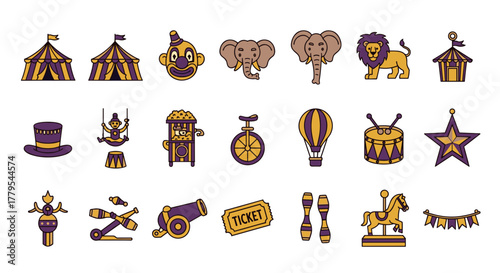 Vintage circus icons set design, fun fair elements for invitation cards, show decor