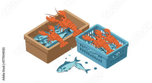 Fresh catch of lobsters and fish in bins with isometric design
