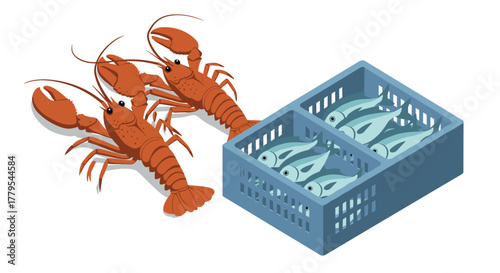 Fresh seafood catch with crate of tiny fish and lobsters in isometric style