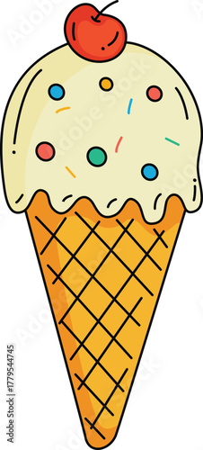 Sweet Vanilla Ice Cream Cone with Cherry Topping