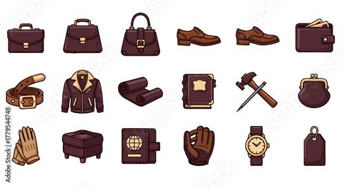 Leather goods collection icons for fashion accessories, classic design, and style guide