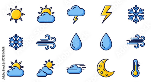 Weather forecast icons set for app or website design with sun, clouds, rain and snow