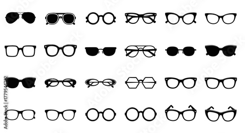 Stylish collection of eyeglasses and sunglasses in various shapes and sizes, vector