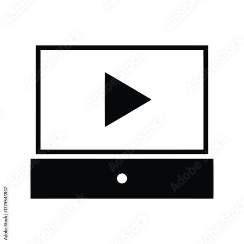 Simple black and white icon of a play button on a screen representing video or media playback