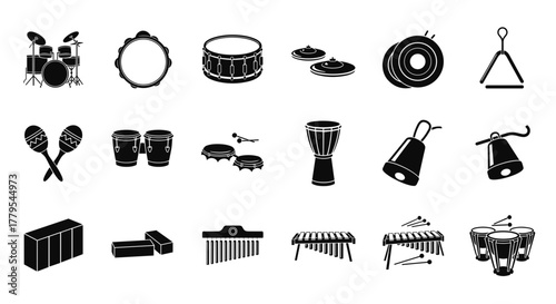 Percussion orchestra instruments collection for musical performance and rhythm creation