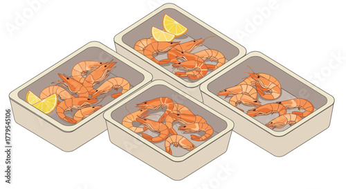 Fresh seafood platters with cooked prawns and lemons in minimalist style