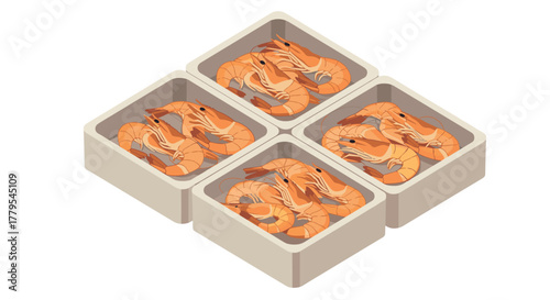 Isometric boxes filled with fresh shrimps packed together in a grid arrangement