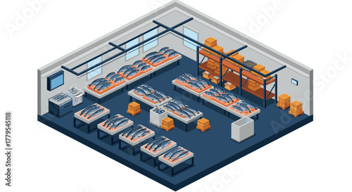 Isometric fish processing facility packed with fresh seafood and modern equipment