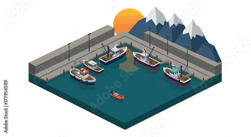 Isometric fishing harbor at sunset with boats and mountain scenery