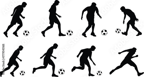 Dynamic soccer players in action silhouettes for sports visuals and athletic designs, expressing passion and skill on the field in vector precision