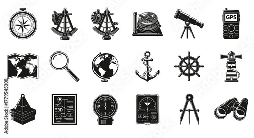 Vintage navigation tools map globe compass sextant telescope nautical adventure