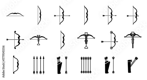 Diverse collection of bows and arrows showcasing historical archery and modern sport designs