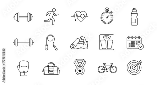 Dynamic fitness icons showcase healthy lifestyle, training, and achievement for active living