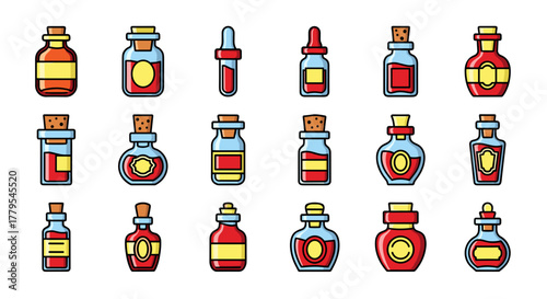 Magical potion bottles collection for fantasy games and potion shop designs