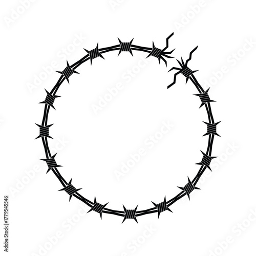 Circular barbed wire frame with sharp points on a white background