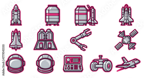 Modern space exploration icons rocket shuttle astronaut helmet rover robot satellite