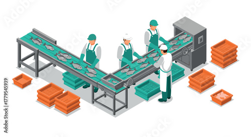 Isometric fish processing production line with workers and conveyor belt