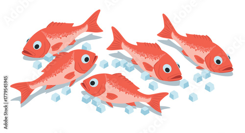 Red fish with ice cubes in a playful isometric design