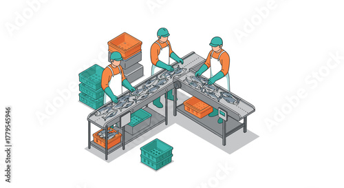 Isometric fish processing line with workers and conveyor belts in factory setting