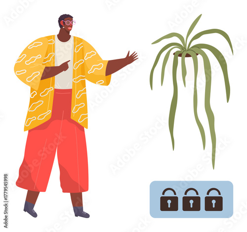 Young individual in colorful outfit engaging with green hanging plant alongside locked padlock icons. Ideal for privacy, security, self-care, indoor gardening, lifestyle, creativity, protection