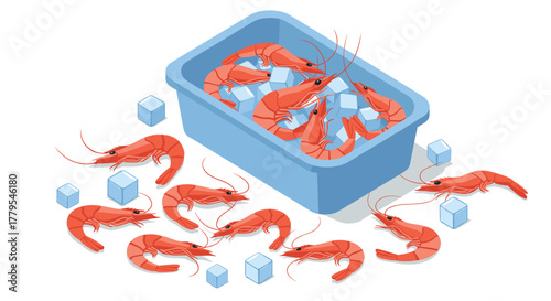Isometric frozen shrimp with ice cubes in container on white background