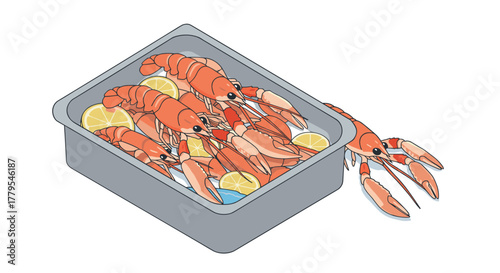 Fresh lobsters with lemon slices in tray delicious seafood dish illustration