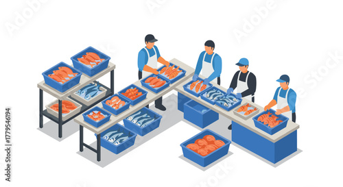 Fish market isometric scene with workers processing seafood