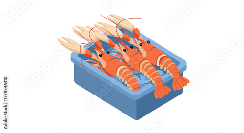 Isometric fresh seafood box featuring multiple lobsters on ice