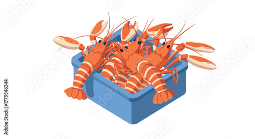 Fresh lobsters in blue container on white background in isometric style