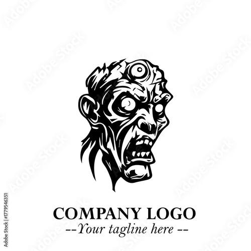 Head of Zombie Logo Symbol in Black on the White Background with Horror Minimal Vector Design