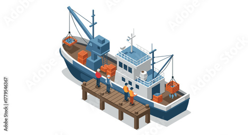 Isometric fishing boat at dock with workers loading cargo