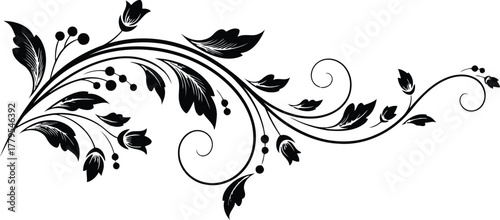 Elegant black floral flourish with swirling vines and leaves on a white background