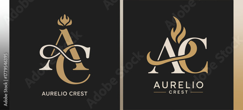 Aurelio Crest AC monogram logo set with flame and infinity ribbon, elegant gold on black variations; premium luxury brand identity emblem vector design