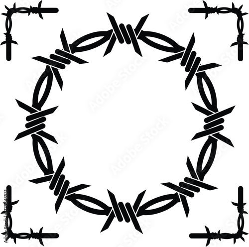 Circular barbed wire frame with corner accents for design and decoration